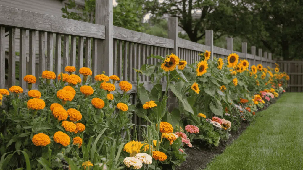 a backyard wooden fence lined with rows of colorful marigolds sunflowers and zinnias blooming brightly in a well-kept garden border
