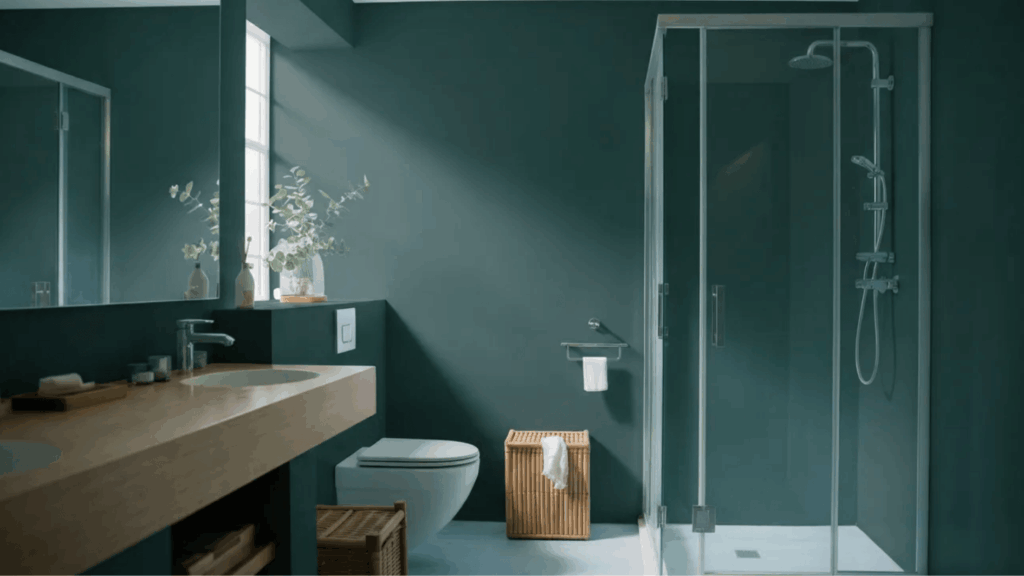 a bathroom painted with cascades color by sherwin-williams