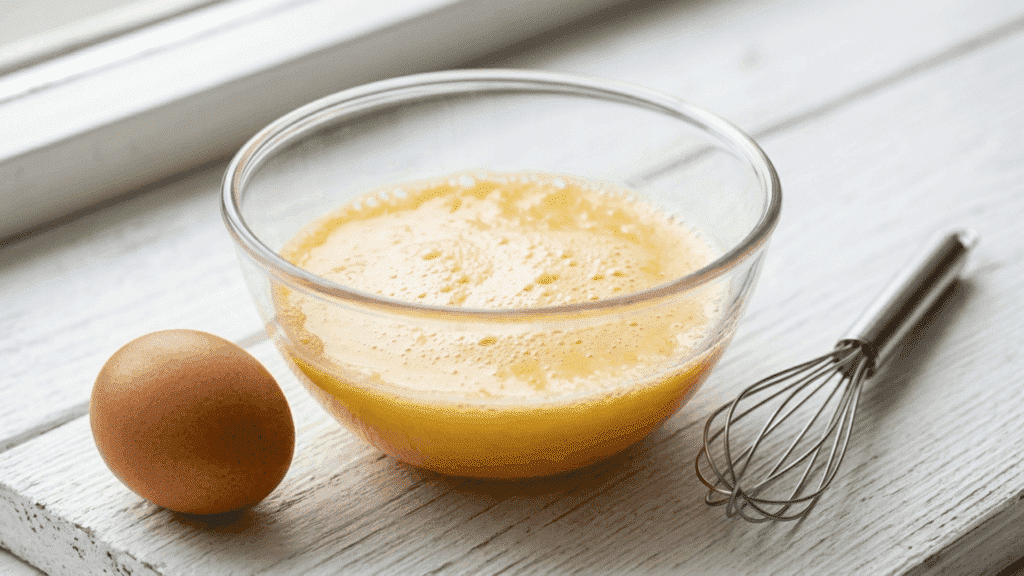 a beaten egg in a clear glass bowl with a whisk resting beside it and an uncracked egg placed next to it on a wooden surface