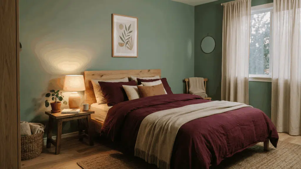 a bedroom with sage green walls and burgundy bedding, soft lighting, and minimal decor