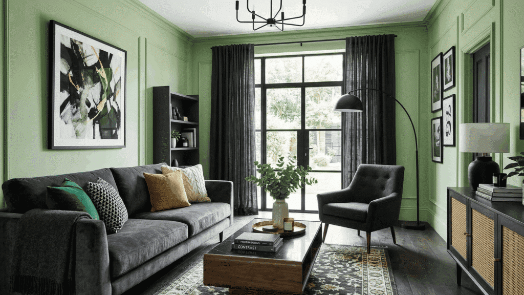 a bold room with charcoal furniture and light green walls, strong contrast styling