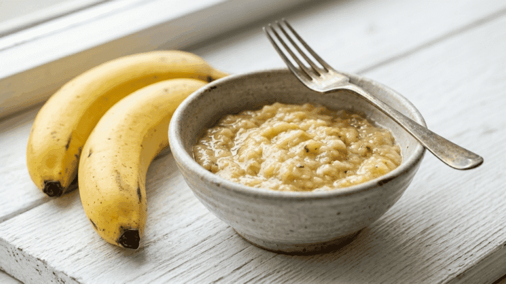 a bowl of freshly mashed ripe banana paste with a fork on the side and two ripe bananas placed beside it on a white countertop