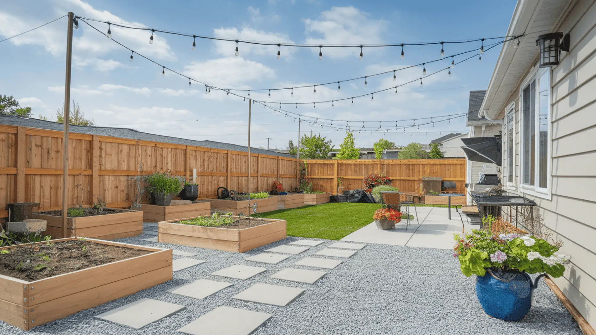 a bright backyard with a gravel patio string lights raised garden beds and colorful plants showing simple budget backyard ideas on a sunny day