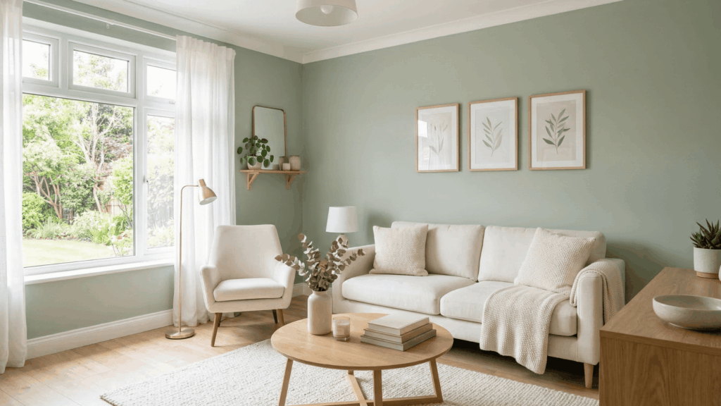 a bright room with ivory decor and soft green walls, clean and minimal setup