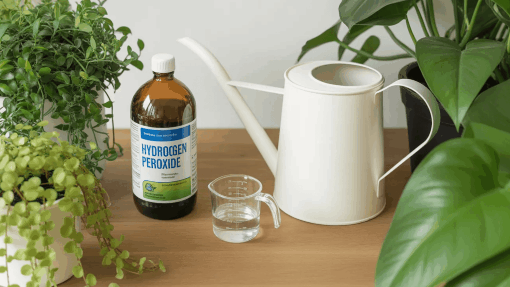 a brown bottle of hydrogen peroxide next to a white watering can with a small measuring cup, on a wooden surface surrounded by houseplants