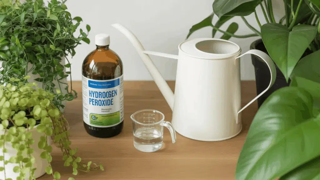 a brown bottle of hydrogen peroxide next to a white watering can with a small measuring cup, on a wooden surface surrounded by houseplants