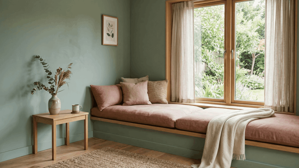 a calm interior with dusty rose cushions and muted green walls, minimal styling