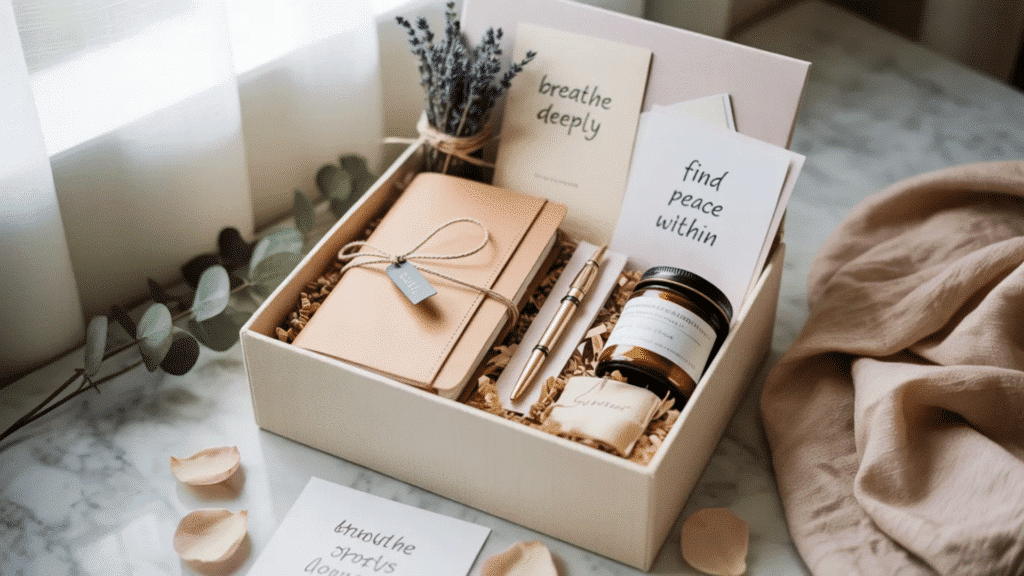 a calming self-care gift box with a journal, pen, scented candle, dried lavender, and handwritten notes, arranged neatly with soft filler on a marble surface with gentle, natural lighting