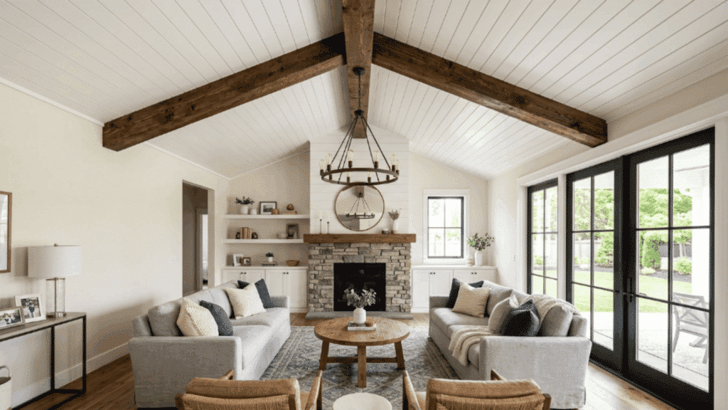 a central beam across shiplap planks creates a focal line while adding structure and balance to the ceiling