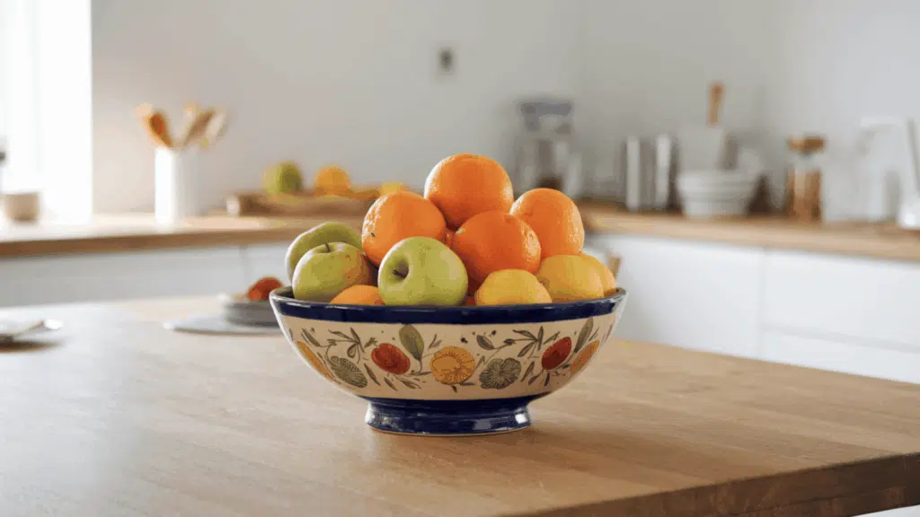 a ceramic bowl filled with fresh oranges, apples, and lemons sitting on a clean wooden kitchen table in natural light