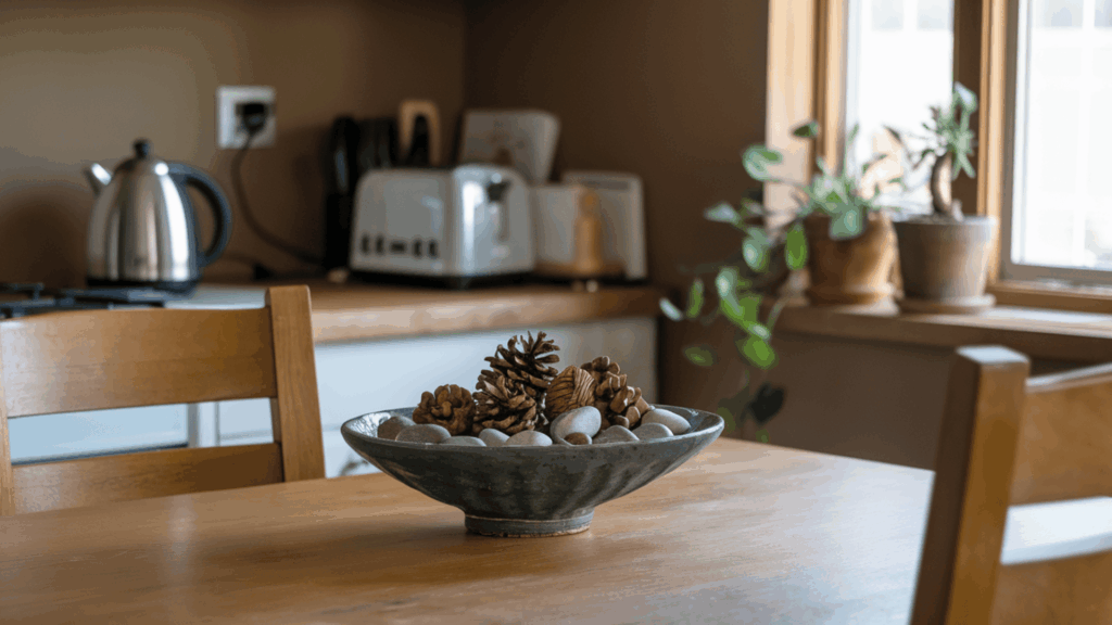 a ceramic decorative bowl filled with pine cones and smooth stones used as a seasonal centerpiece on a kitchen table