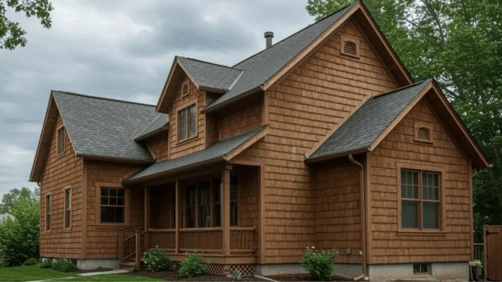 a charming home with cedar shake siding, showcasing a rustic appearance and a large front porch, surrounded by lush greenery and a well-maintained yard