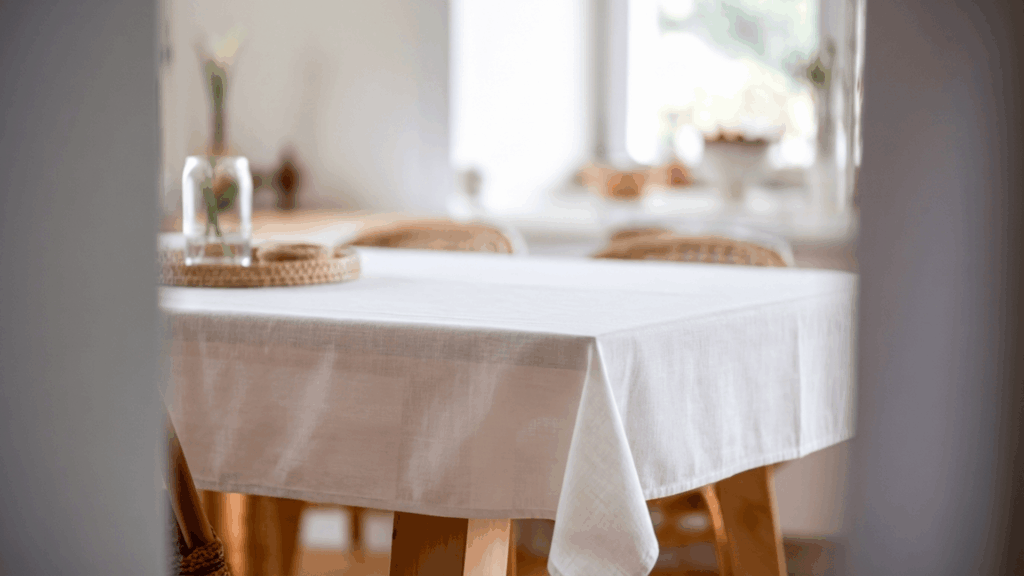 a clean white linen tablecloth with natural texture draped over a kitchen table in bright natural light with minimal decor