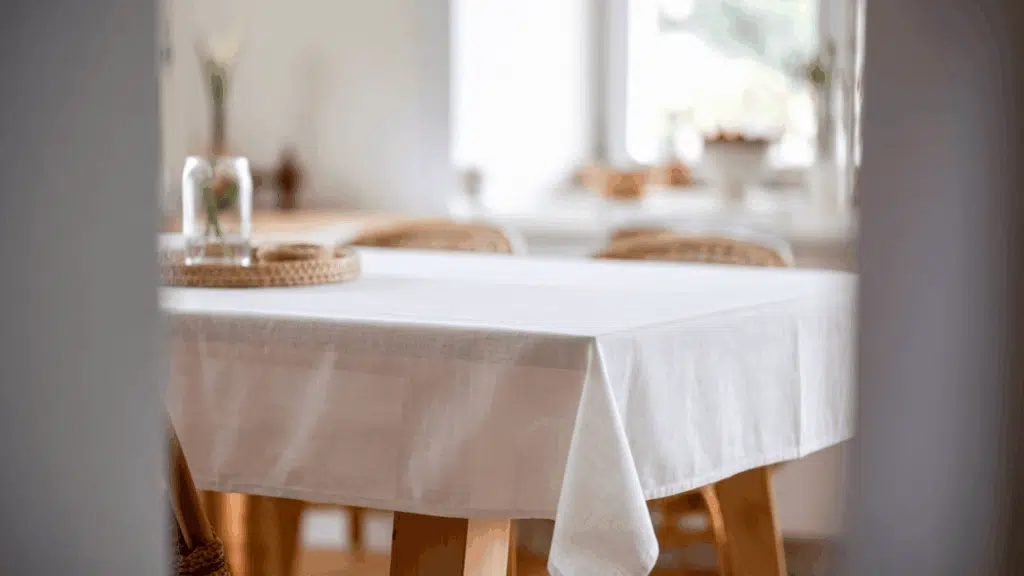 a clean white linen tablecloth with natural texture draped over a kitchen table in bright natural light with minimal decor