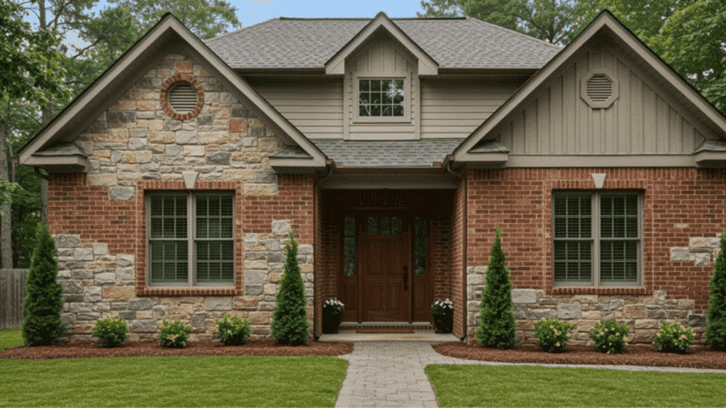 a close-up image of a stucco wall with large windows and a soft, textured finish, surrounded by neatly trimmed plants and landscaping (1)