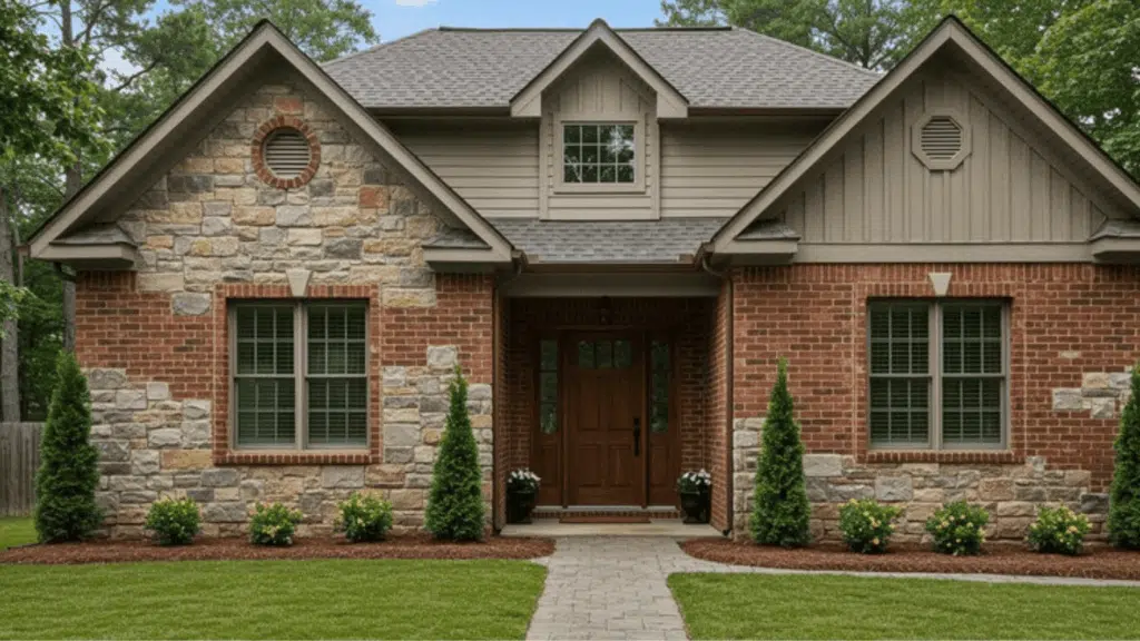 a close-up image of a stucco wall with large windows and a soft, textured finish, surrounded by neatly trimmed plants and landscaping (1)