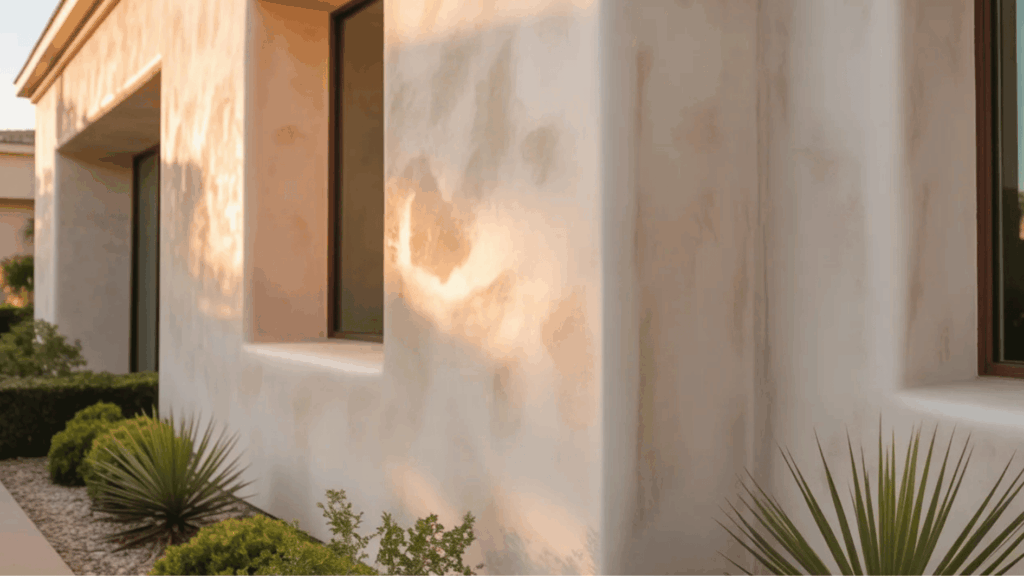 a close-up image of a stucco wall with large windows and a soft, textured finish, surrounded by neatly trimmed plants and landscaping