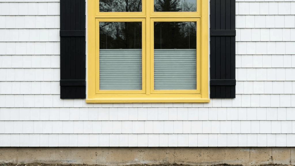 a close-up image of a window with yellow trim and black shutters, surrounded by white shingle siding, showcasing a clean and modern design