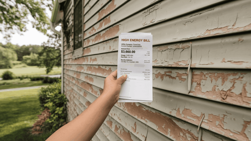 a close up of a hand holding a high energy bill in front of a residential home with damaged and deteriorating vinyl siding on the exterior walls