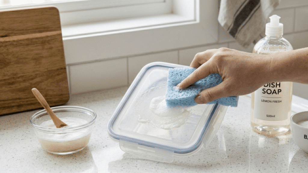 a close-up of a hand using a soapy blue sponge to scrub sticker residue off a plastic lid, with a bowl of sudsy water and dish soap nearby