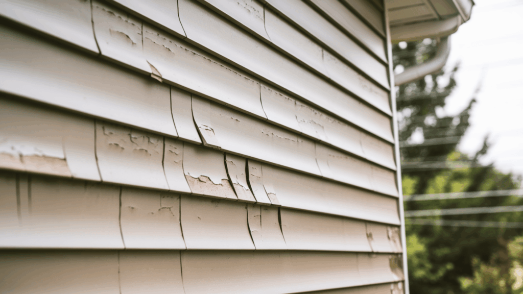 a close up of vinyl siding panels on a home exterior showing visible cracks and small holes caused by aging and storm damage