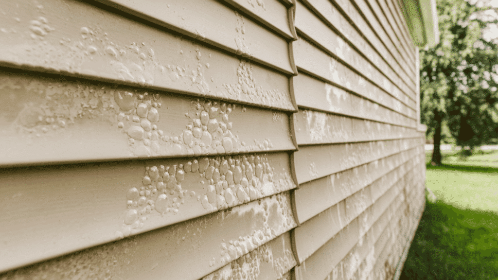 a close up of vinyl siding panels on a residential home showing bubbling and blistering caused by heat and moisture buildup
