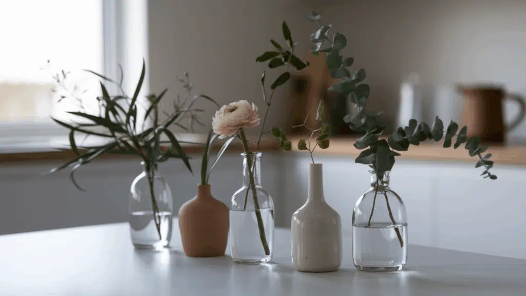 a cluster of small vases in varying heights each holding a single stem or greenery arranged on a kitchen table surface