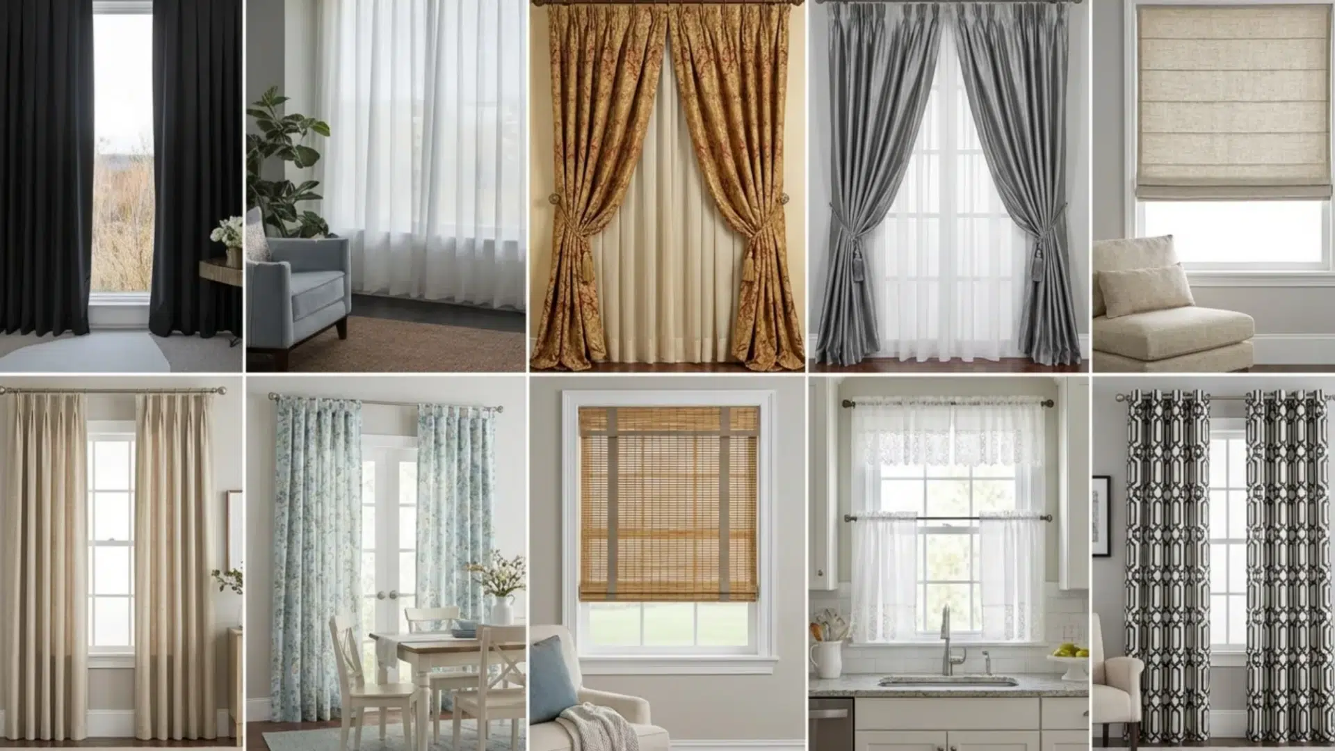 _a collage of various window treatments, including blackout curtains, sheer panels, patterned drapes, Roman shades, bamboo blinds, and lace café curtains in different colors and styles