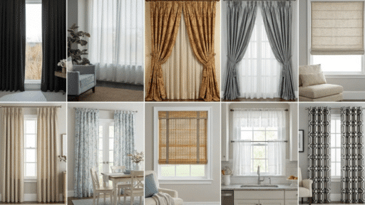 _a collage of various window treatments, including blackout curtains, sheer panels, patterned drapes, Roman shades, bamboo blinds, and lace café curtains in different colors and styles