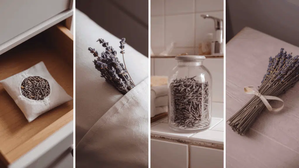 a collage showing aromatic uses of dried lavender including sachets in drawers pillowcases and bundles placed around the home for natural fragrance
