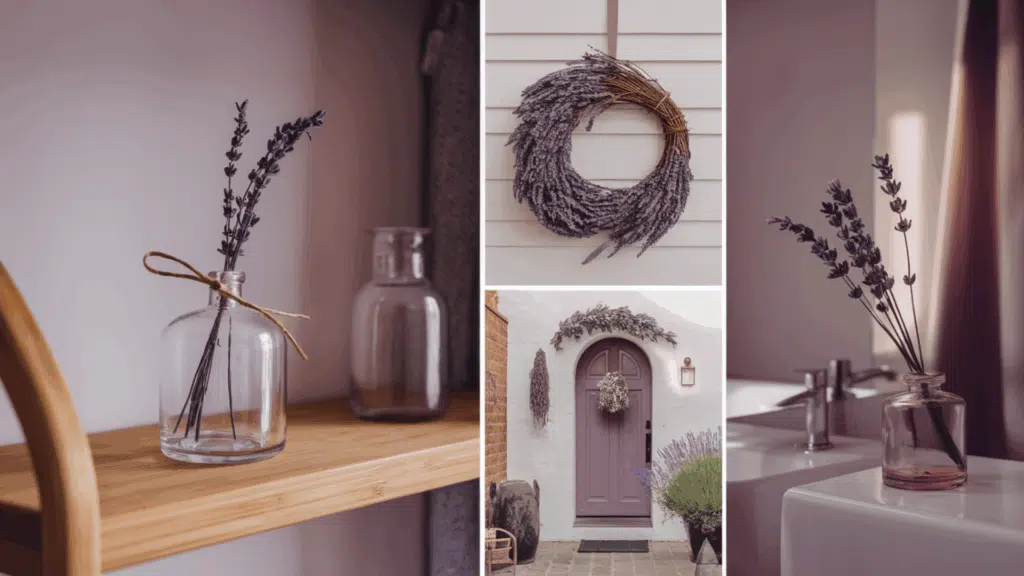 a collage showing decorative uses of dried lavender including bundles in vases wreaths on walls and arrangements placed around the home