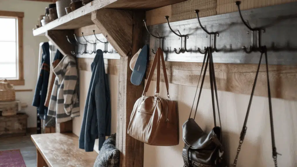 a collection of bags hanging from hooks