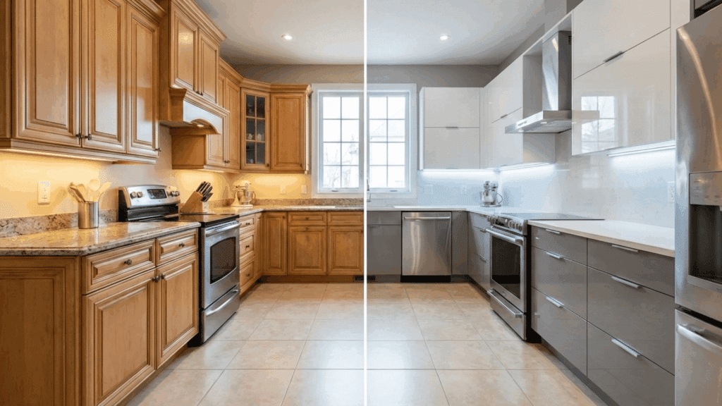 a comparison image of framed kitchen cabinet and frameless kitchen cabinet