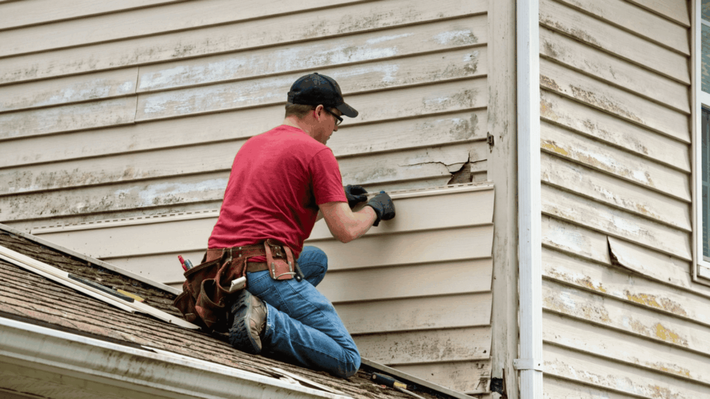a contractor repairing multiple damaged vinyl siding panels on a home exterior showing repeated wear and aging across the surface png