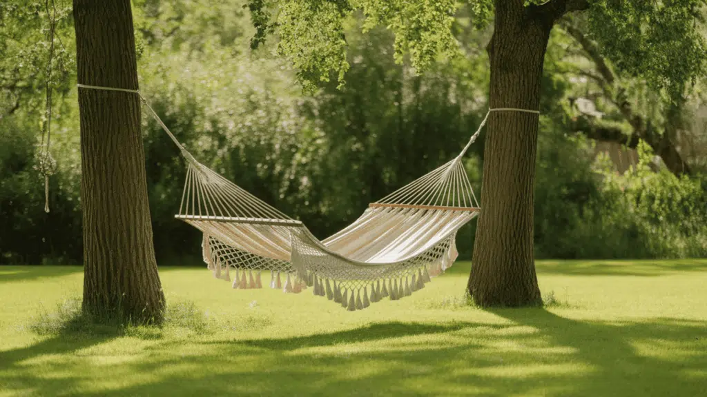 a cotton hammock tied between two tall trees in a lush green backyard on a bright sunny afternoon with soft natural shadows