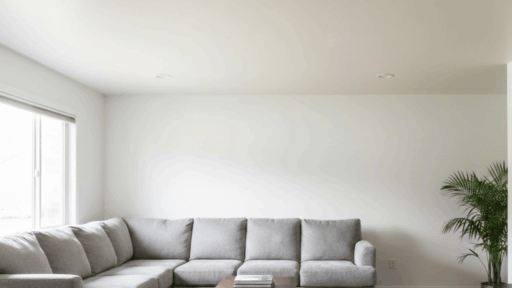 a cozy living room with a sectional sofa, coffee table, area rug, and recessed lighting on the ceiling, with natural light coming through the window and a plant in the corner