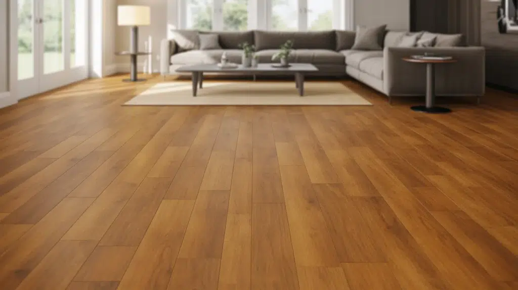 a cozy living room with light wood vinyl plank flooring, modern furniture, and large windows letting in natural light