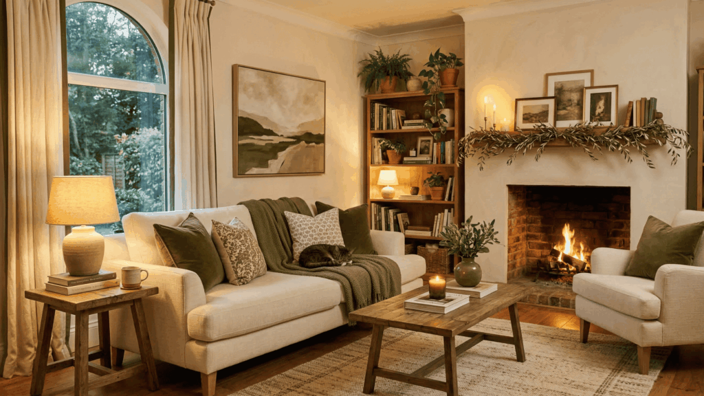 a cozy room with cream furniture and olive green accents, warm lighting