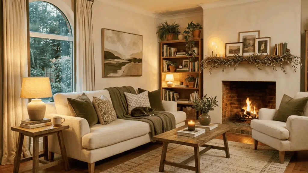 a cozy room with cream furniture and olive green accents, warm lighting