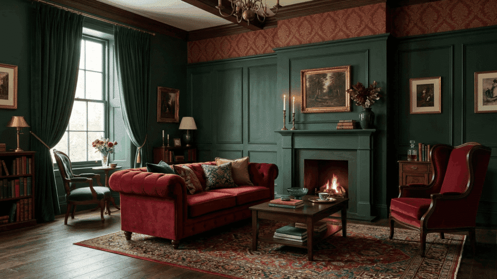 a cozy room with dark green walls and crimson curtains, warm lighting, and wooden textures