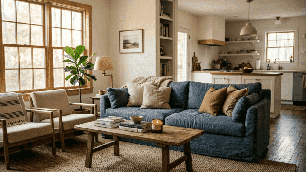 a cozy, rustic keeping room featuring a blue sofa, wooden coffee table, and large windows with natural light entering