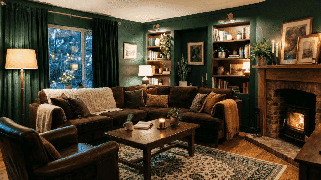 a cozy space with chocolate brown furniture and deep green walls, warm lighting