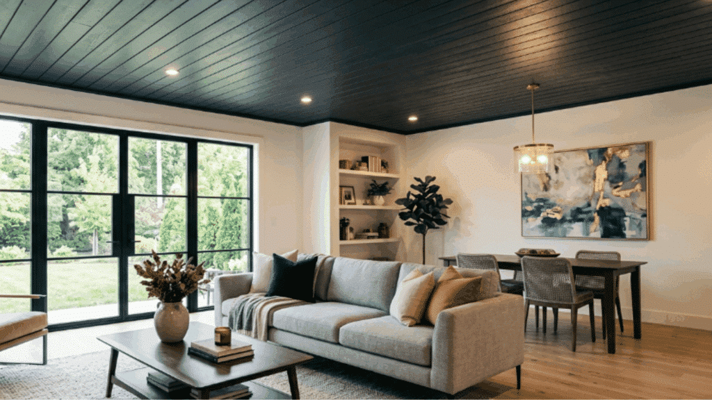 a dark shiplap ceiling creates bold contrast, adding depth and helping lighting fixtures stand out more clearly.