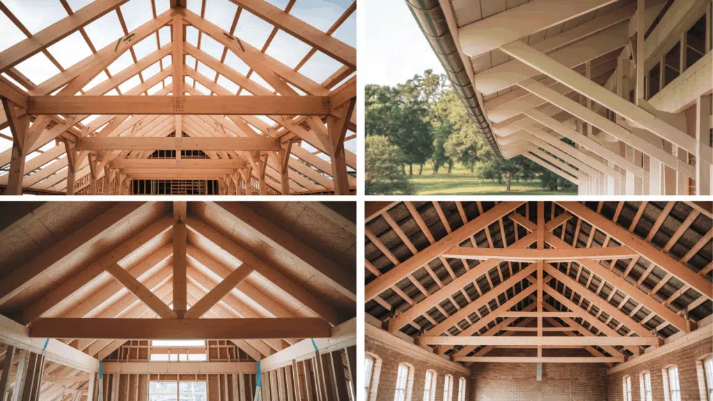 a detailed view of attic rafters showing the wood framing