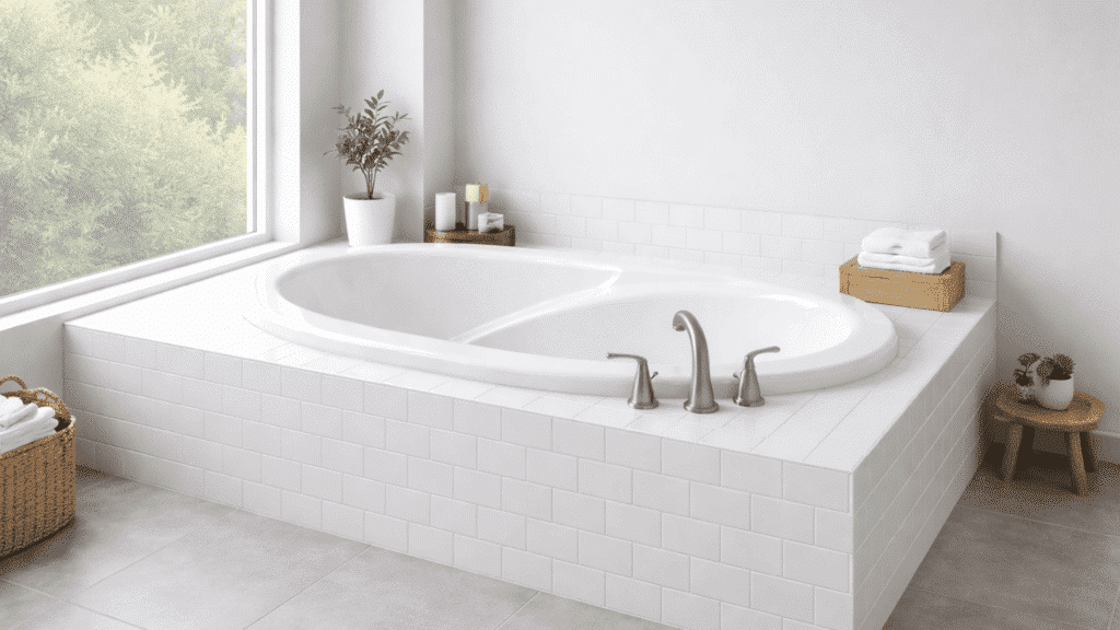 a drop-in garden tub installed into a white tiled deck platform in a clean modern bathroom showing its seamless built-in appearance