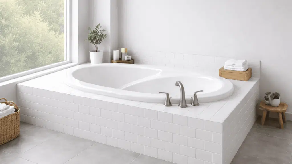 a drop-in garden tub installed into a white tiled deck platform in a clean modern bathroom showing its seamless built-in appearance