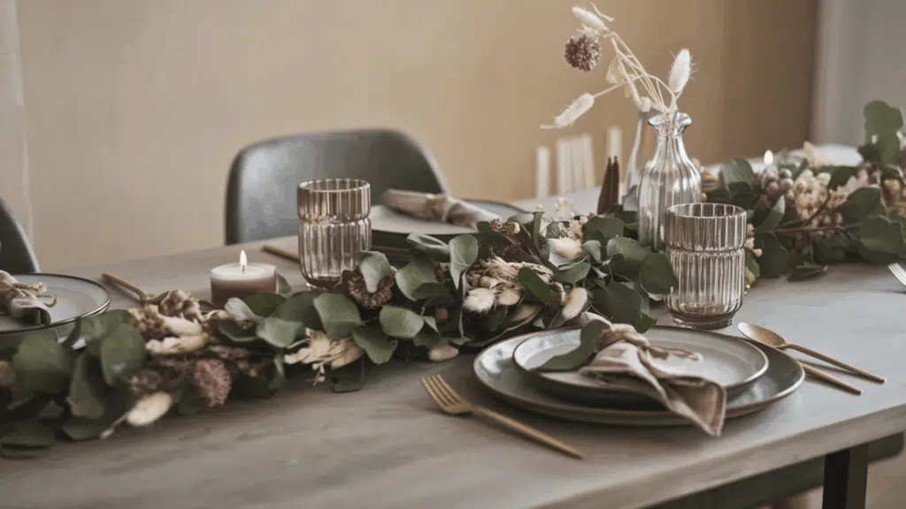 a eucalyptus and dried flower garland draped along the center of a kitchen table beside small candles and a glass vase