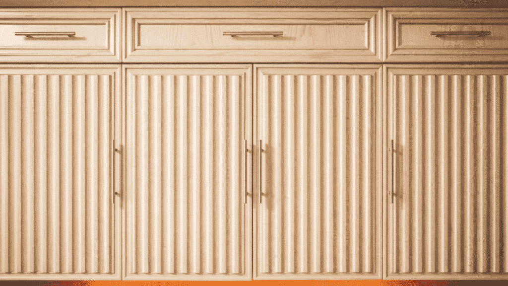 a finished fluted cabinet door with tightly spaced rounded half-round wood molding strips running vertically across the panel installed on a kitchen cabinet