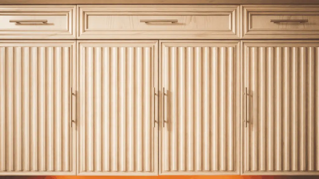 a finished fluted cabinet door with tightly spaced rounded half-round wood molding strips running vertically across the panel installed on a kitchen cabinet
