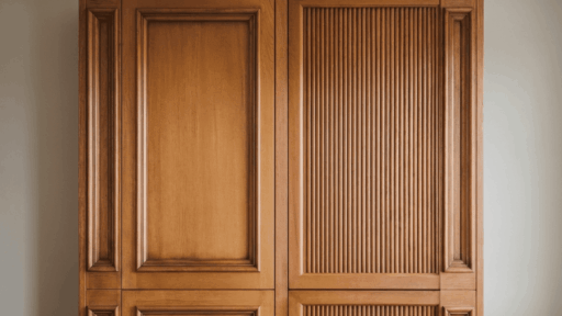 a finished shaker cabinet door and a fluted cabinet door installed side by side on a wall with warm amber lighting